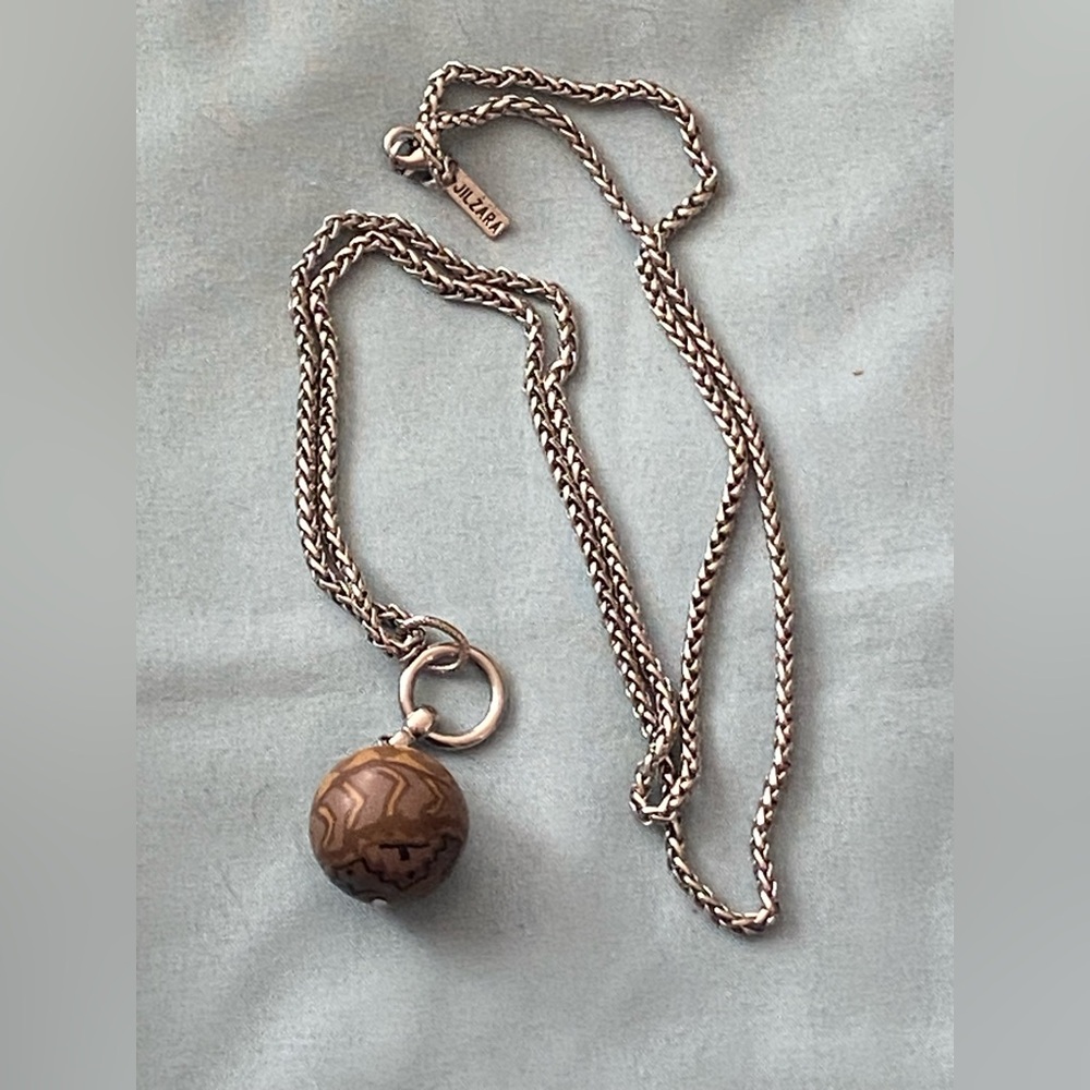 Jilzara Signed 30” Silver Tone Rope Necklace 1” Clay Round Bead Brown Design